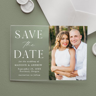 Modern Elegant White Photo Save the Date Acrylic Invitations