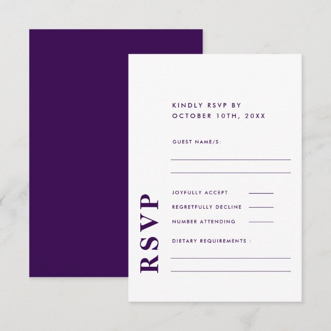 Modern Elegant White & Purple Simple Wedding  RSVP Card (Front/Back)