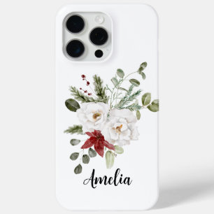 Modern Elegant White Red Green Floral Watercolor iPhone 15 Pro Max Case