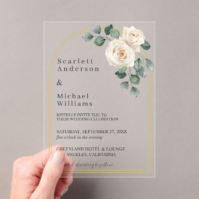 Modern Elegant White Rose & Golden Arch Wedding Acrylic Invitations (Insitu (Handheld))