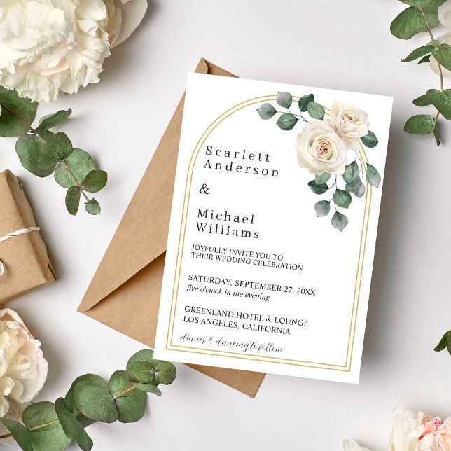 Modern Elegant White Rose & Golden Arch Wedding Invitation (Creator Uploaded)