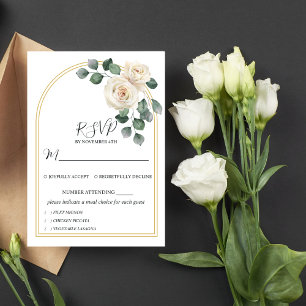 Modern Elegant White Rose & Golden Arch Wedding RSVP Card