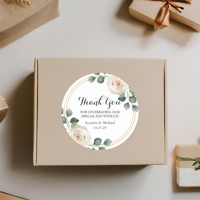 Modern Elegant White Rose Wedding Classic Round Sticker (Creator Uploaded)