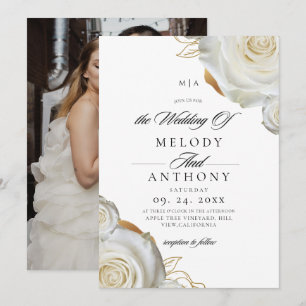 Modern Elegant White Rose Wedding Photo Invitation