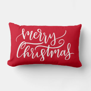 Modern Elegant White Script Merry Christmas Red  Lumbar Cushion