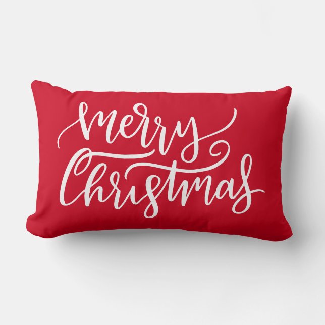 Modern Elegant White Script Merry Christmas Red  Lumbar Cushion (Front)