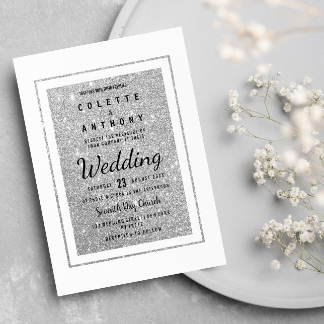 Modern elegant white silver glitter Wedding Invitation (Modern elegant white silver glitter Wedding )