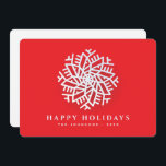 Modern Elegant White Snow Flake on Red Holiday Card<br><div class="desc">Design is composed of a modern white snow on red background with a holiday greeting written in serif typography. Add family name and year.

Available here:
http://www.zazzle.com/store/selectpartysupplies</div>