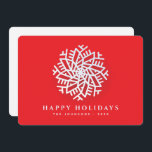 Modern Elegant White Snow Flake on Red Holiday Card<br><div class="desc">Design is composed of a modern white snow on red background with a holiday greeting written in serif typography. Add family name and year.

Available here:
http://www.zazzle.com/store/selectpartysupplies</div>