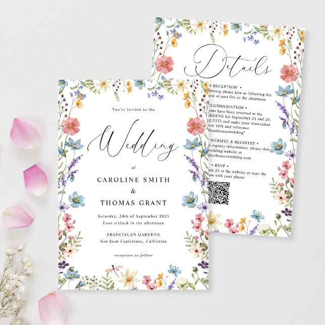Modern Elegant Wildflower Script QR Code Wedding Invitation (Creator Uploaded)