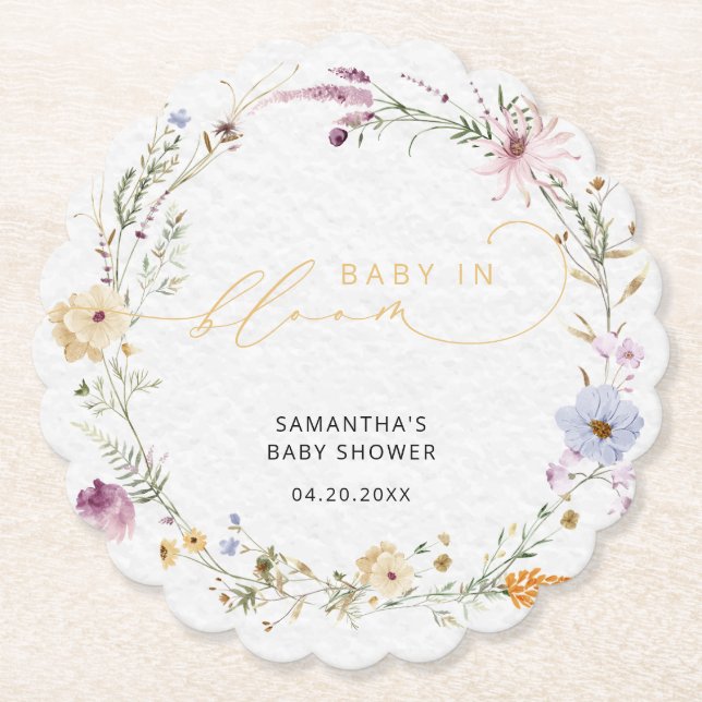 Modern Elegant Wildflowers Baby in Bloom Paper Coaster (Front)