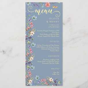 Modern Elegant Wildflowers Dusty Blue Wedding Menu