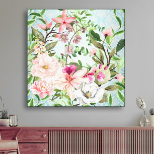 Modern Elegant Wildflowers On Damask Background Canvas Print