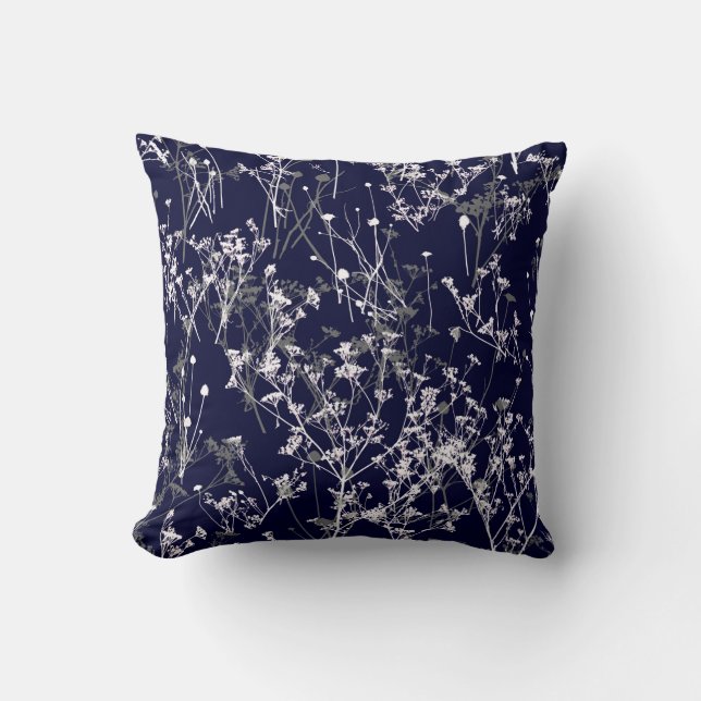 Modern Elegant Wildflowers on Navy Blue Cushion (Front)