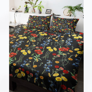 Modern Elegant Wildflowers Poppy Daisy Black Pillowcase