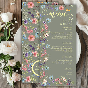 Modern Elegant Wildflowers Sage Green Wedding Menu