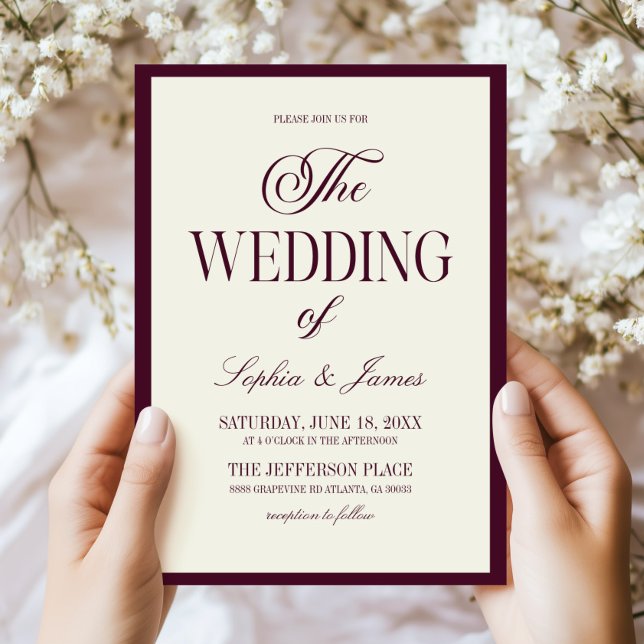 Modern Elegant Wine Dark Purple Ivory Wedding Invitation (Creator Uploaded)