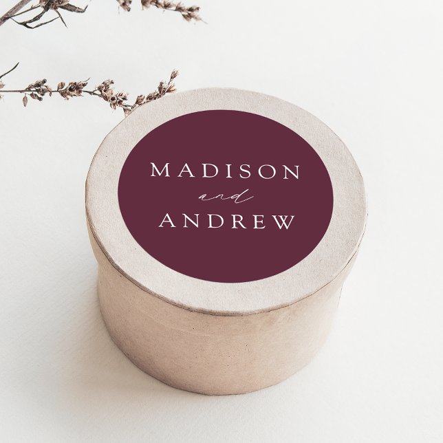 Modern Elegant Wine Purple Personalised Wedding Classic Round Sticker (Creator Uploaded)