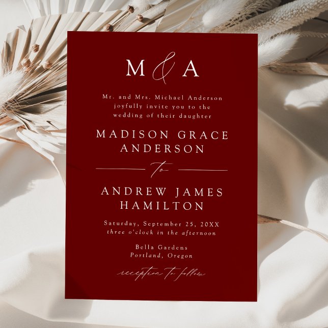 Modern Elegant Wine Red Monogram Wedding Invitation (Creator Uploaded)
