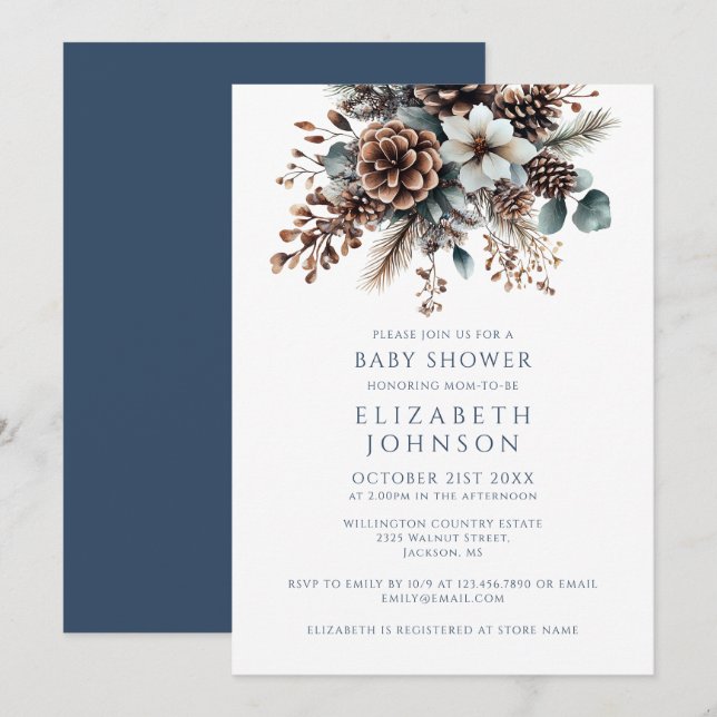 Modern Elegant Winter Floral Pinecone Baby Shower Invitation (Front/Back)