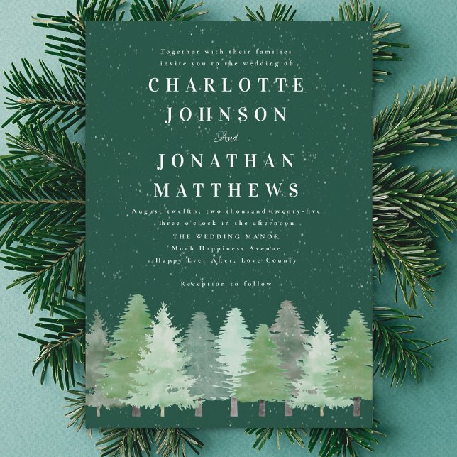 Modern Elegant Winter Woodland Green Wedding Invitation (Modern Winter woodland green wedding invitation Minimalist watercolor fir tree pine forest snow )