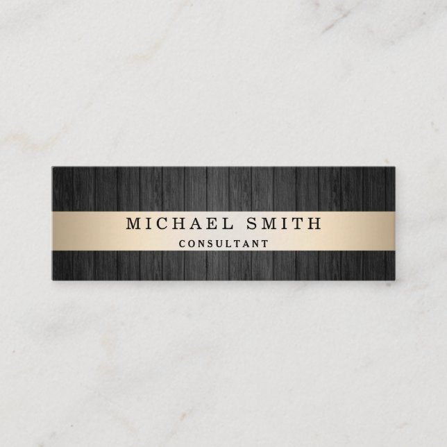 Modern Elegant Wood Background Faux Gold Striped Mini Business Card (Front)