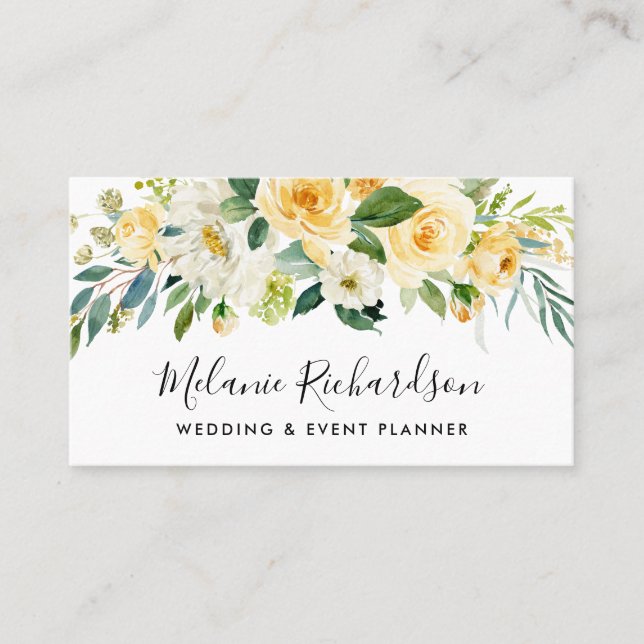 Modern Elegant Yellow Floral Greenery Business Card (Front)
