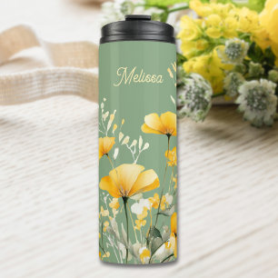 Modern Elegant Yellow Green Watercolor Floral Thermal Tumbler