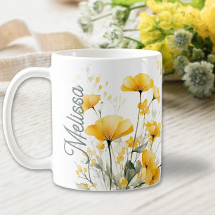 Modern Elegant Yellow Watercolor Floral Script  Coffee Mug