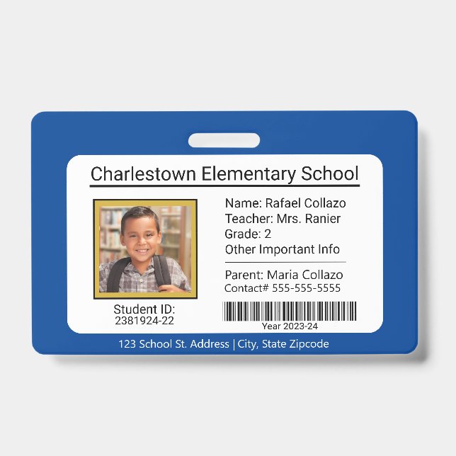 Modern Elementary School Student ID Badge blue (Front)