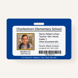 Modern Elementary School Student ID Badge blue