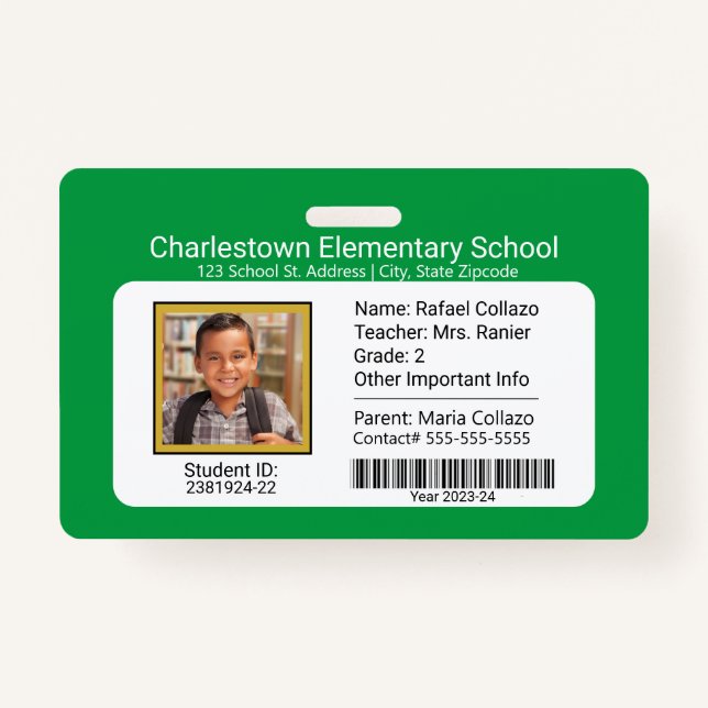 Modern Elementary School Student ID Badge Green (Front)