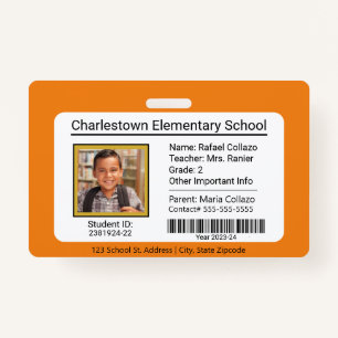 Modern Elementary School Student ID Badge Orange