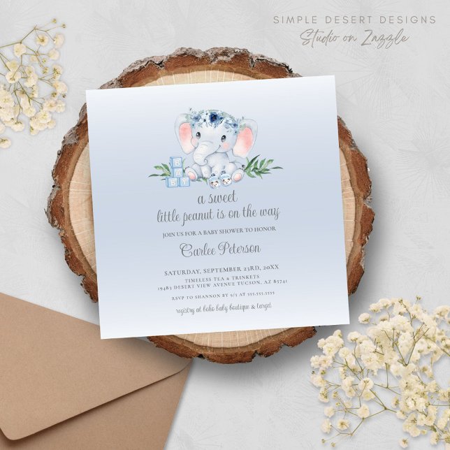 Modern Elephant Baby Boy Baby Shower Invitation (Mondern Blue Baby Shower Invitation with Floral Greenery Accents and Vintage Aesthetics)