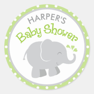 Modern Elephant Baby Shower Green and Grey Classic Round Sticker
