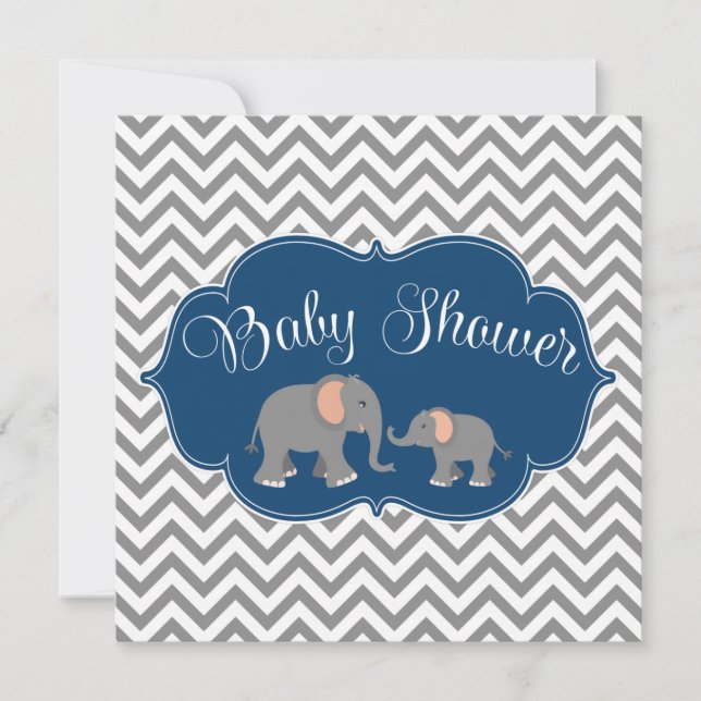 Modern Elephant Chevron Navy Blue Grey Baby Shower Invitation (Front)