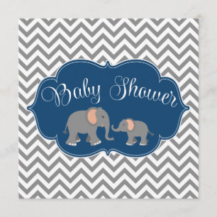Modern Elephant Chevron Navy Blue Grey Baby Shower Invitation