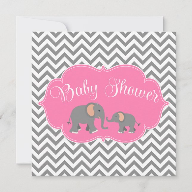 Modern Elephant Chevron Pink Grey Baby Shower Invitation (Front)