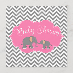 Modern Elephant Chevron Pink Grey Baby Shower Invitation