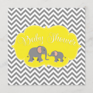 Modern Elephant Chevron Yellow Grey Baby Shower Invitation