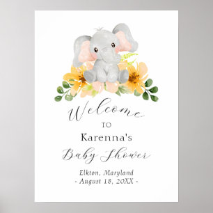 Modern Elephant Floral Baby Shower Welcome Poster