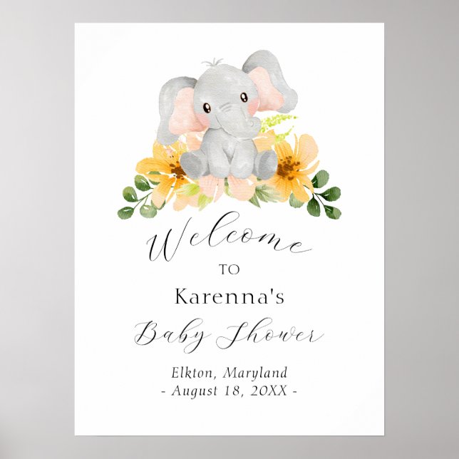 Modern Elephant Floral Baby Shower Welcome Poster (Front)
