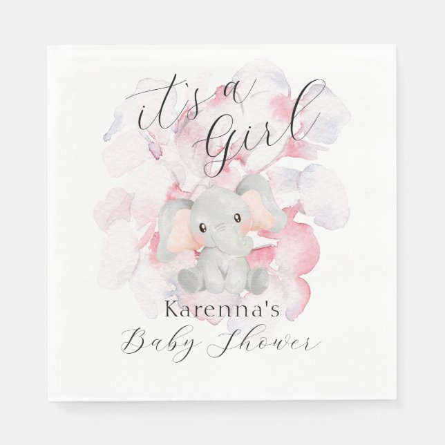 Modern Elephant Floral It's A Girl Baby Shower Napkin (Front)