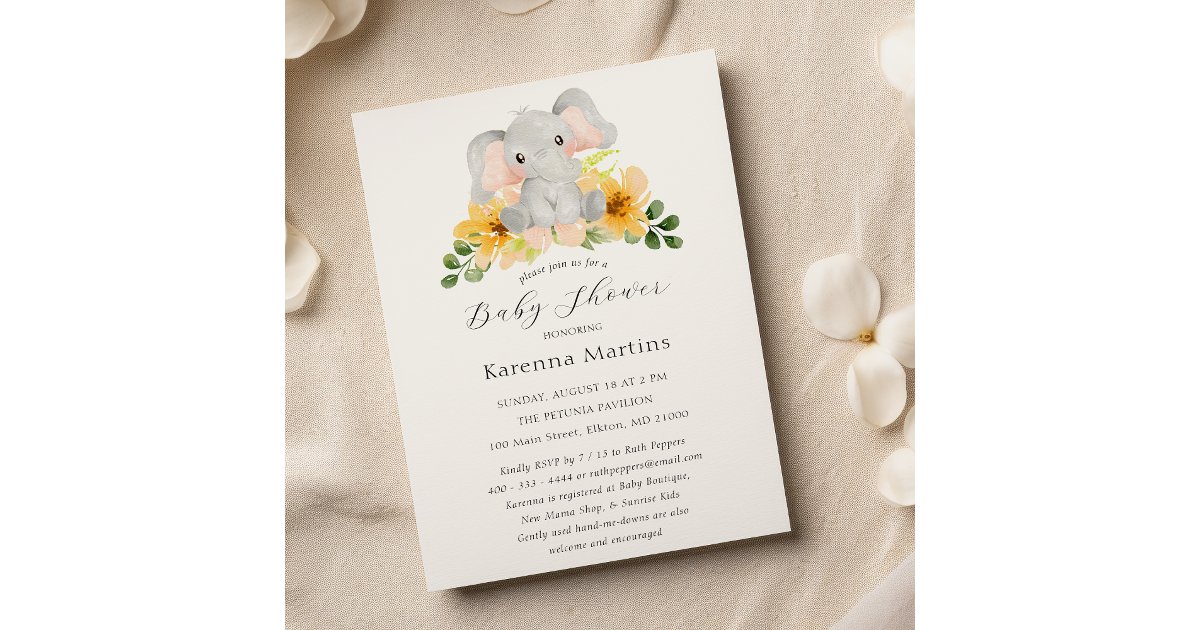 Modern Elephant Floral Script Baby Shower Invitation | Zazzle