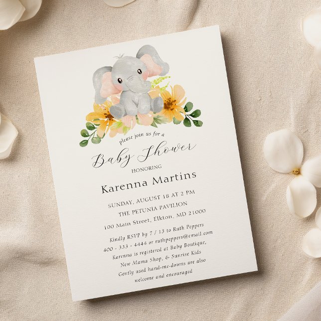 Modern Elephant Floral Script Baby Shower Invitation (Creator Uploaded)