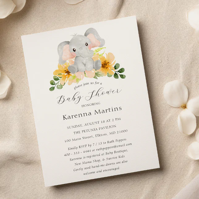Modern Elephant Floral Script Baby Shower Invitation | Zazzle