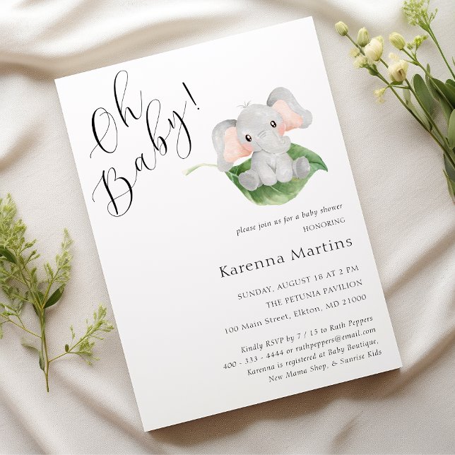 Modern Elephant Greenery Oh Baby Shower Invitation (Creator Uploaded)