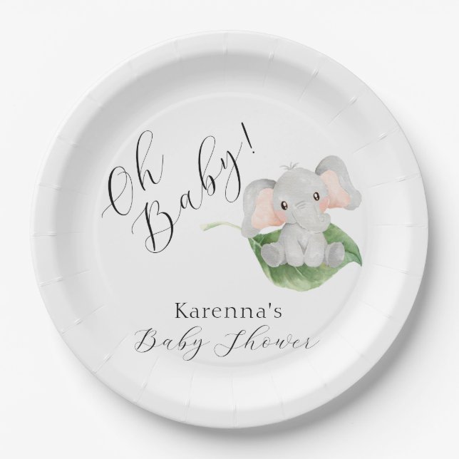 Modern Elephant Greenery Oh Baby Shower Paper Plate (Front)
