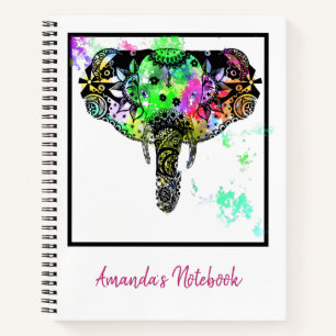 Modern elephant mandala rainbow paint splatter. notebook