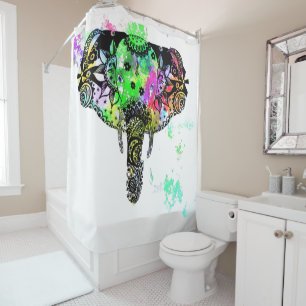 Modern elephant mandala rainbow paint splatter shower curtain
